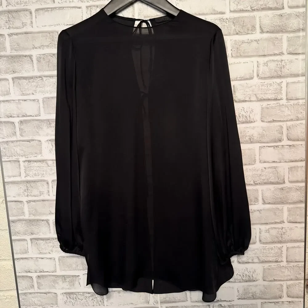 The Row Silk Sheer Tunic Top XS Black Open Back w/ Ties Bishop Sleeves Hi-Low